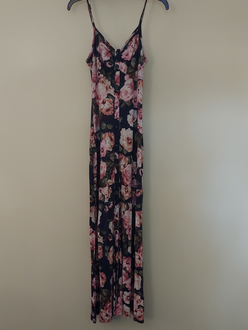 Floral Spaghetti-Strap Maxi Dress - Navy with Pink Roses